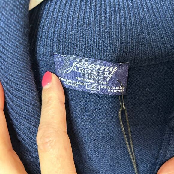 NWT Jeremy Argyle Blue 1/4 Zip Textured Stripe 100% Merino Wool Sweater Sz. S - Picture 5 of 8